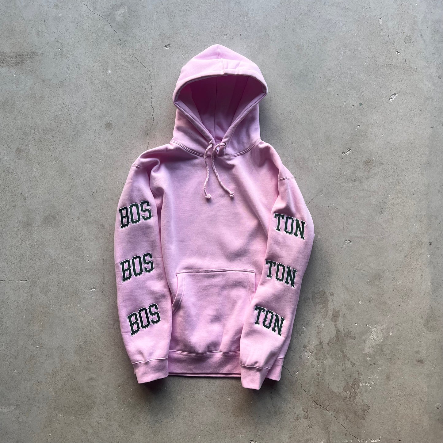 Boston Hoodie embroidered -Pink ( Green / White embroidery thread )