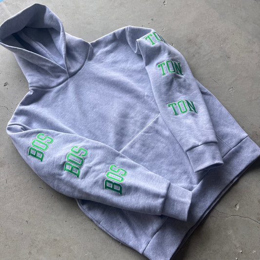 Boston Hoodie embroidered -Gray ( Green / White embroidery thread )