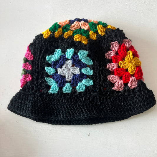 Granny Square Crochet Bucket Hat - Black